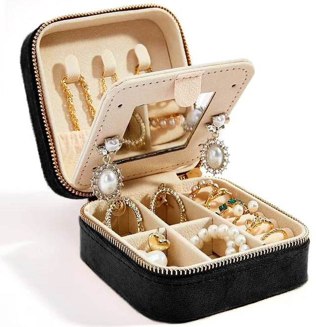 Main image of Velvet Jewelry Box with Mirror, Mini Portable Organizer for Rings Earrings Necklaces Bracelets, Black