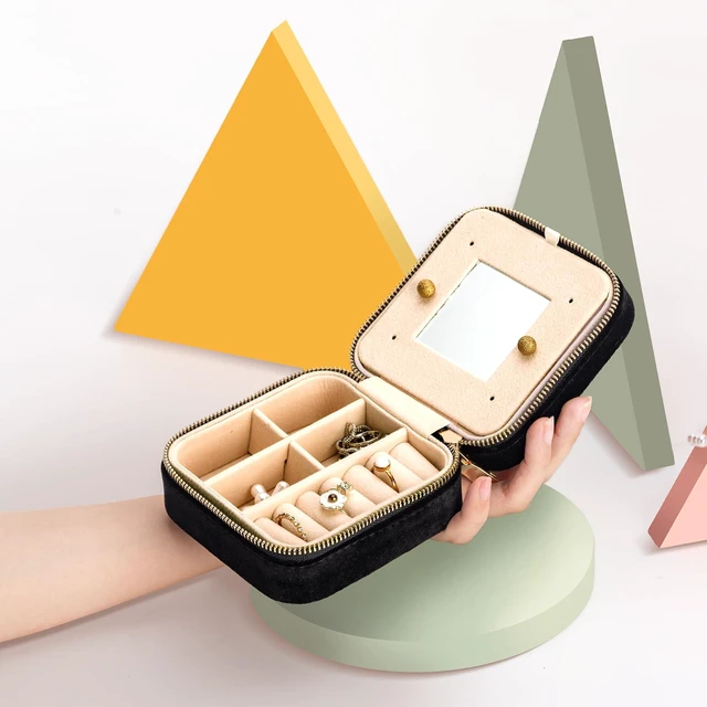 Alt view image 5 of 6 - Velvet Jewelry Box with Mirror, Mini Portable Organizer for Rings Earrings Necklaces Bracelets, Black