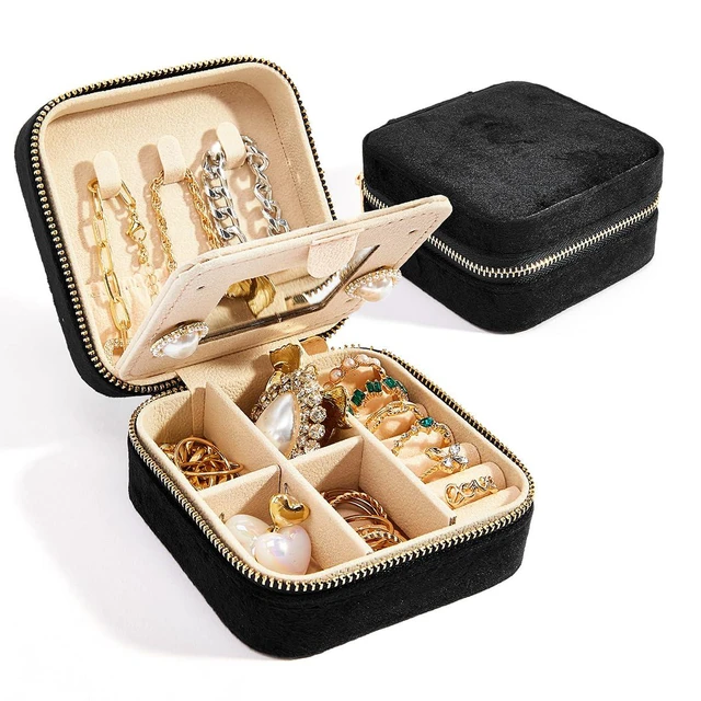 Alt view image 2 of 6 - Velvet Jewelry Box with Mirror, Mini Portable Organizer for Rings Earrings Necklaces Bracelets, Black
