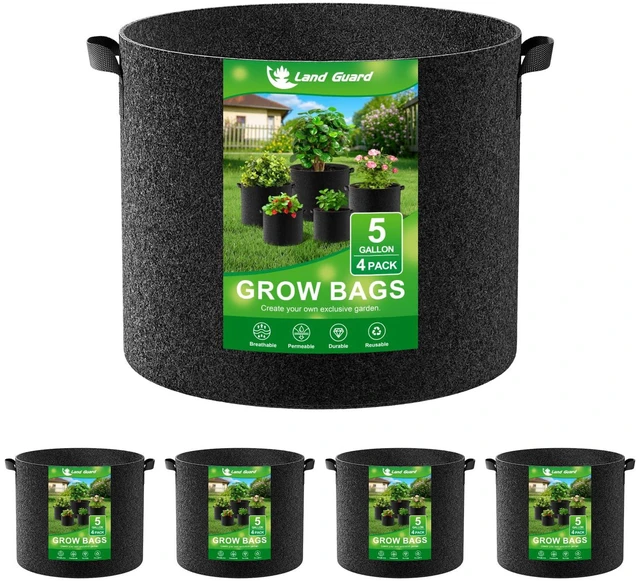 Main image of Land Guard 4-Pack 5 Gallon Fabric Grow Bags, Thickened Nonwoven with Handles, Black