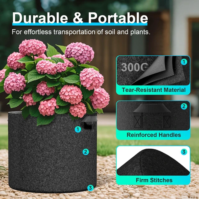 Alt view image 2 of 7 - Land Guard 4-Pack 5 Gallon Fabric Grow Bags, Thickened Nonwoven with Handles, Black