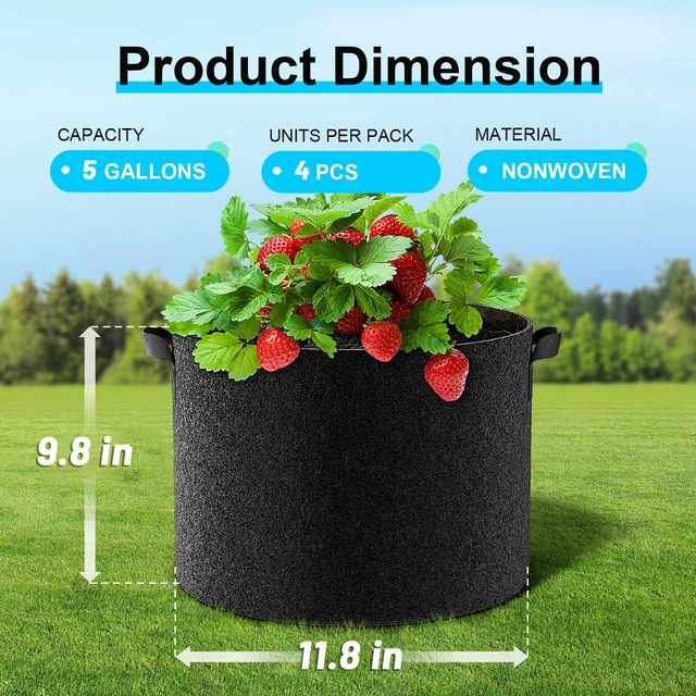 Alt view image 3 of 7 - Land Guard 4-Pack 5 Gallon Fabric Grow Bags, Thickened Nonwoven with Handles, Black
