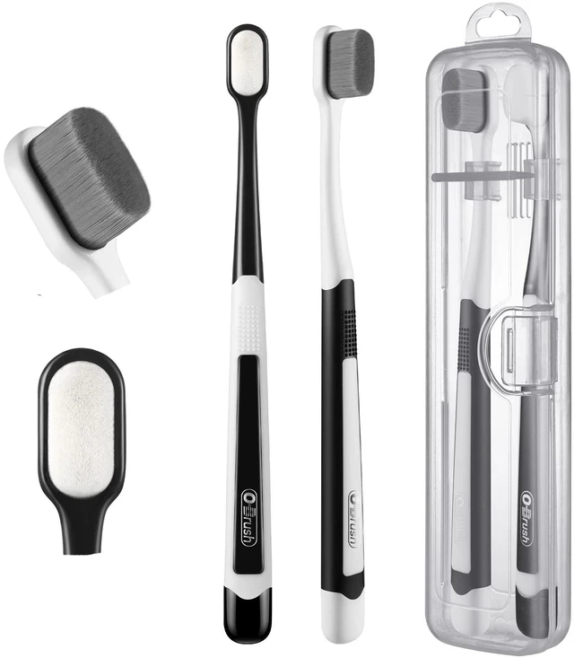 Main image of New Japanese 20,000 Micro Fine Nano Bristles Ultra Extra Soft Toothbrush for Sensitive Gums, Adults, Pregnant and Elderly, with Portable Travel Case, Black and White, Pac
