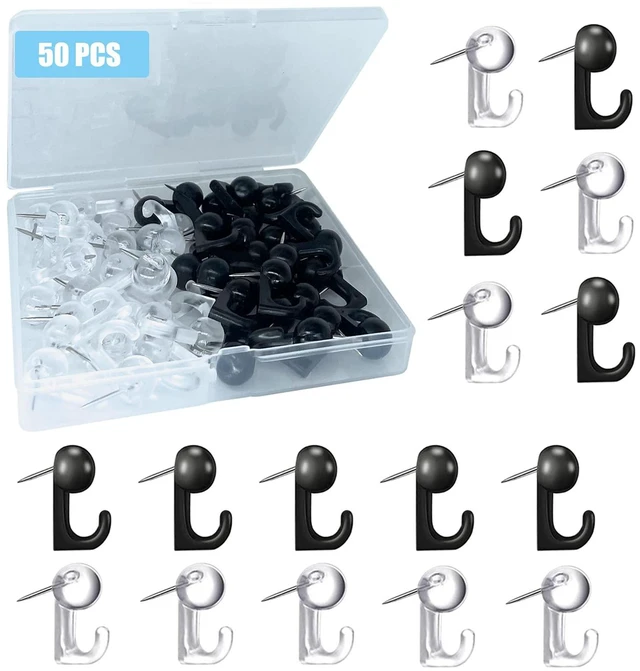 Main image of 50 PCS Push Pin Hooks, Plastic Heads Decorative Cork Board Thumb Tack Hooks for Photo Wall, Bulletin Board, Home, Office, School Supplies, Black and Clear
