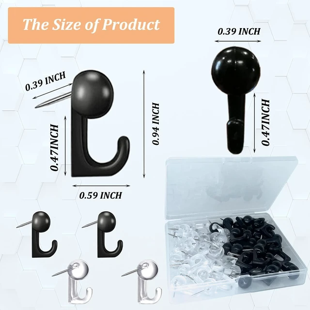 Alt view image 6 of 7 - 50 PCS Push Pin Hooks, Plastic Heads Decorative Cork Board Thumb Tack Hooks for Photo Wall, Bulletin Board, Home, Office, School Supplies, Black and Clear