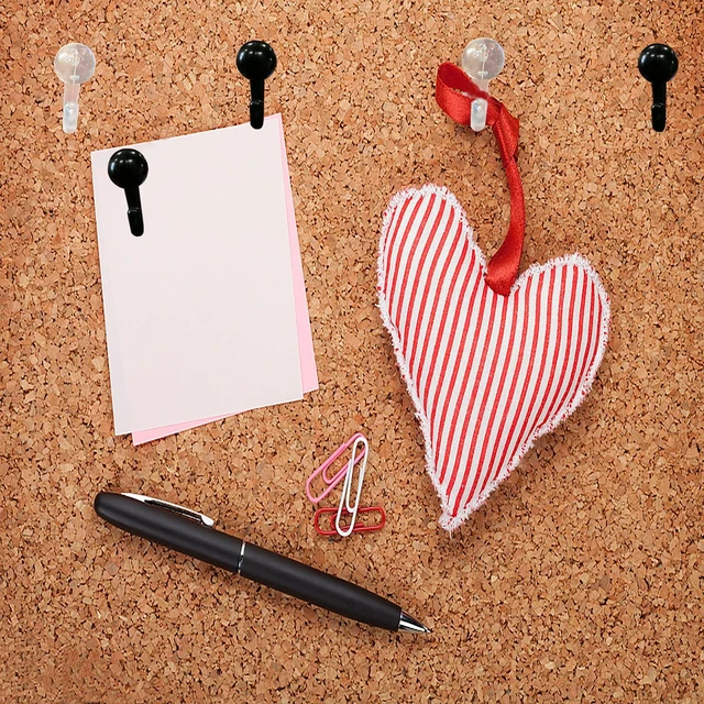 Alt view image 4 of 7 - 50 PCS Push Pin Hooks, Plastic Heads Decorative Cork Board Thumb Tack Hooks for Photo Wall, Bulletin Board, Home, Office, School Supplies, Black and Clear