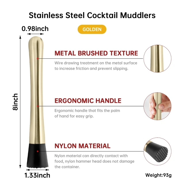 Alt view image 5 of 6 - 8Inch Stainless Steel Cocktail Muddler and Mixing Spoon Set, Gold