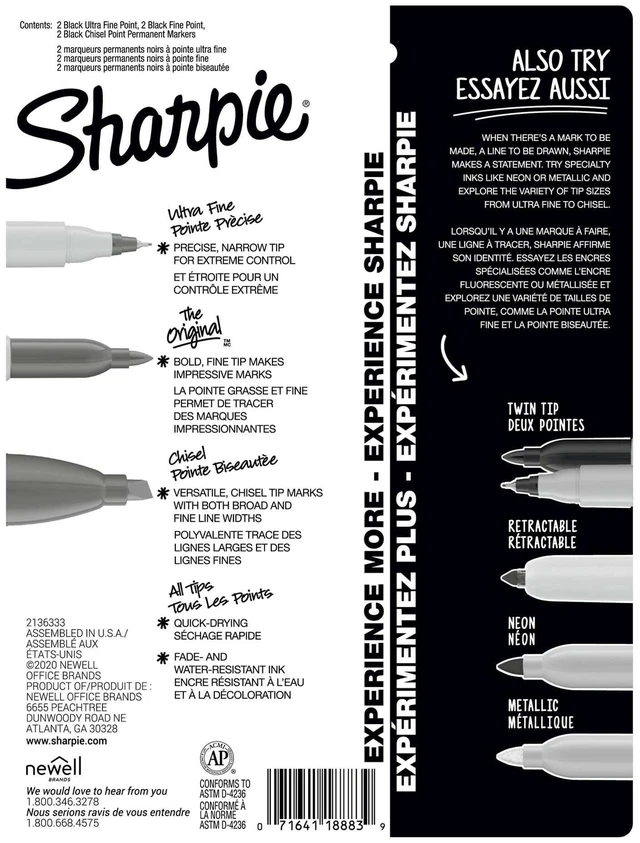 Alt view image 2 of 6 - Sharpie Permanent Markers, Fine/Ultra Fine/Chisel Tip, Multi-Tip Pack, Black, 6 Count