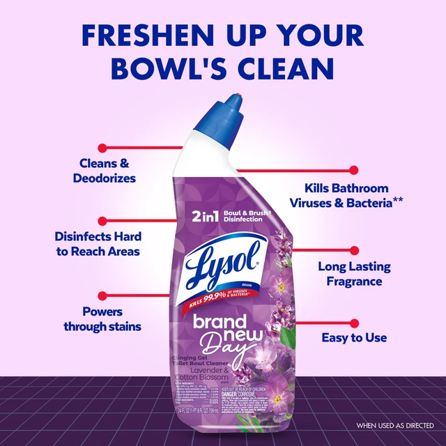 Alt view image 3 of 5 - Lysol Toilet Bowl Cleaner Clinging Gel, 2 Pack, 24 fl oz, Disinfecting Bathroom Cleaner & Stain Remover, Lavender & Cotton Blossom Scent