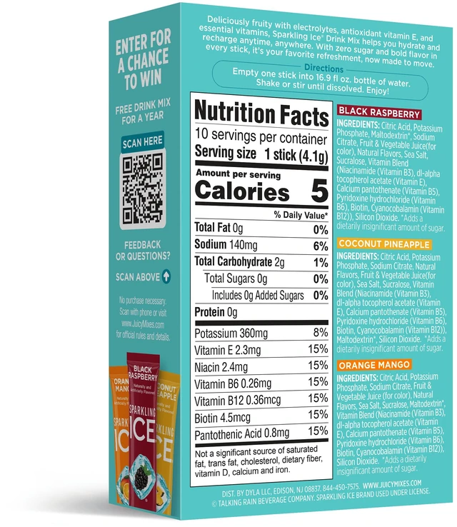 Alt view image 4 of 6 - Sparkling Ice Powder Zero Sugar Drink Mix Variety Pack, Orange Mango, Black Raspberry & Coconut Pineapple, 10 Sticks