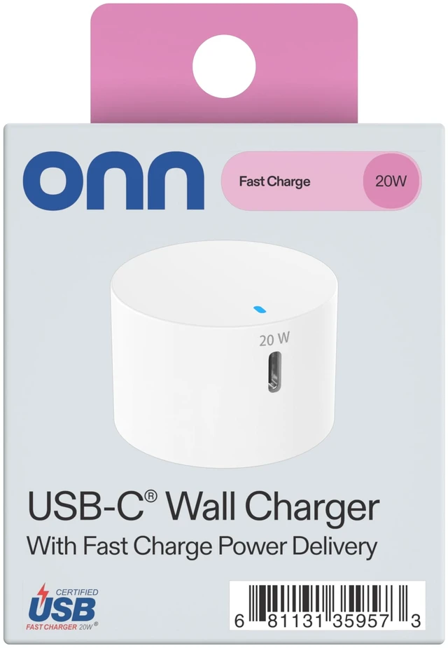 Alt view image 6 of 6 - Onn 20W Single USB-C Port Wall Charger, Fast Charging, USB-IF Certified, Foldable Plug, White for iPhone 17/16/15 Series, Samsung Galaxy, Note, Pixel, iPad Pro & More