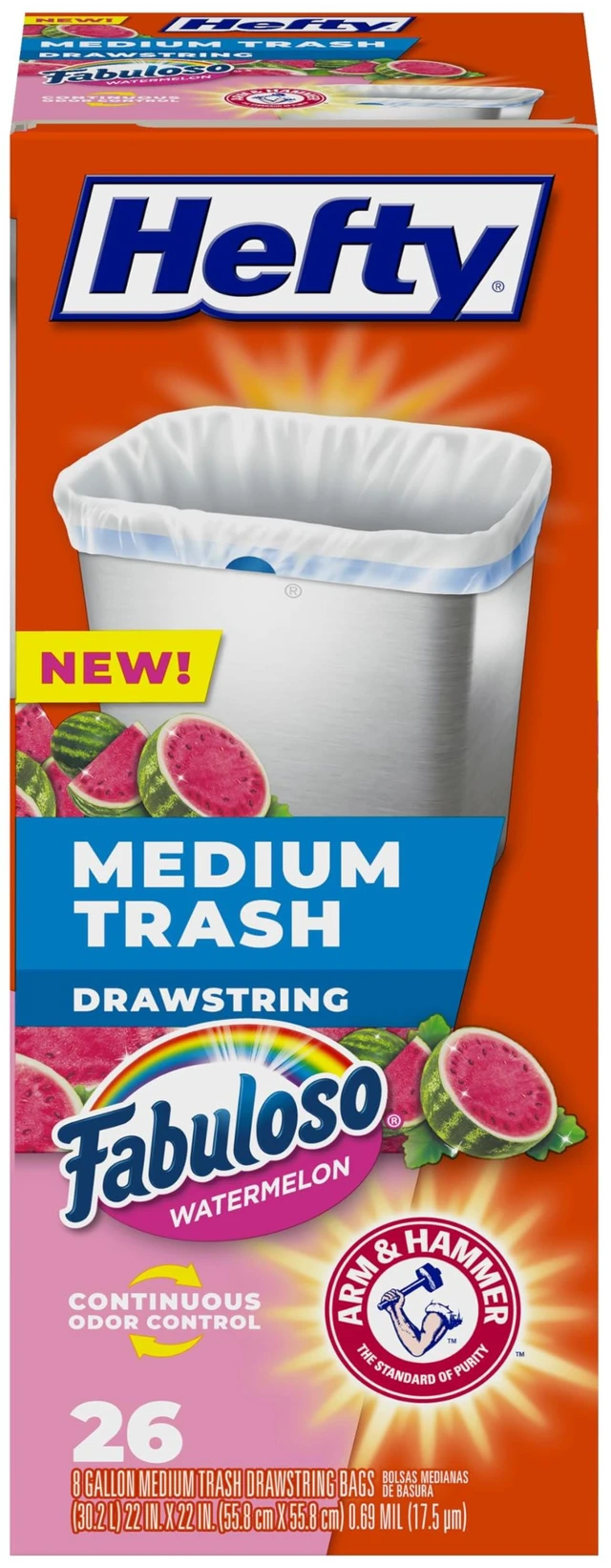 Main image of Hefty 8 Gallon Medium Trash Bags, White, Fabuloso Watermelon Scent, 26ct