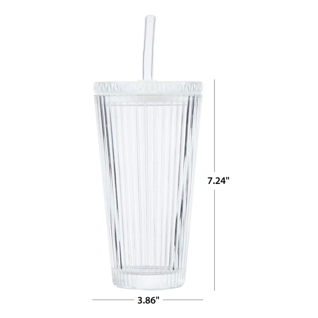 Alt view image 2 of 6 - 21 oz Better Homes & Gardens Ribbed Glass Tumbler with Glass Lid and Straw