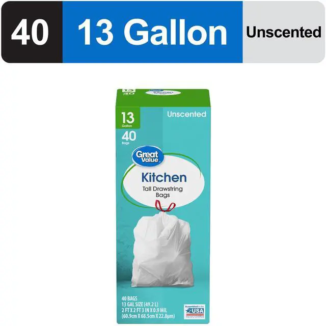 Main image of Great Value Tall Kitchen Trash Bags, 13 gal, Drawstring, Unscented, 40 Bags