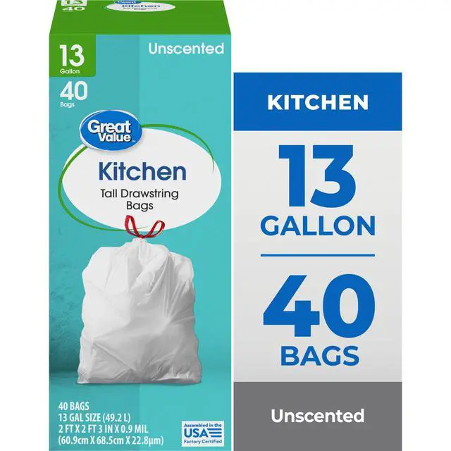 Alt view image 3 of 7 - Great Value Tall Kitchen Trash Bags, 13 gal, Drawstring, Unscented, 40 Bags