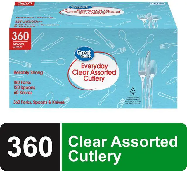 Main image of Great Value Everyday Plastic Disposable Assorted Cutlery Set, Clear, 360 Count