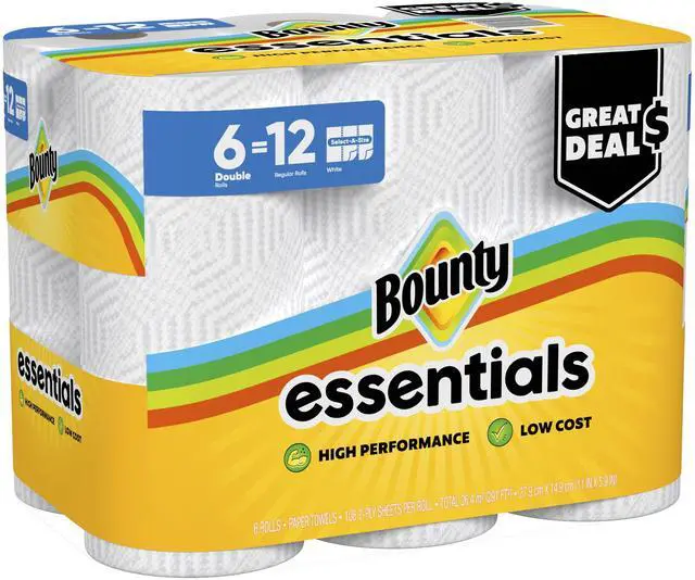 Main image of Bounty Essentials Paper Towels Select-A-Size 6 Double Rolls, White, 108 Sheets Per Roll