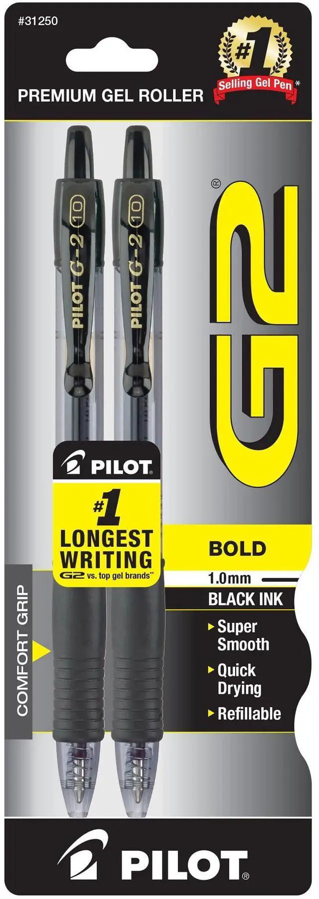 Main image of Pilot G2 Retractable Gel Ink Pens, Bold Point, Black, 2 Count
