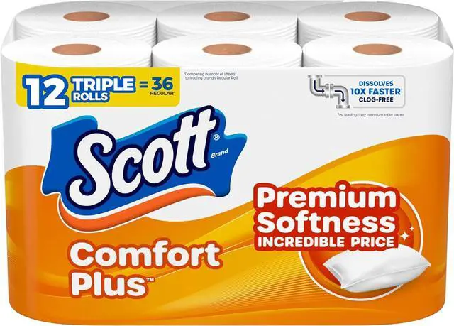 Main image of Scott ComfortPlus Toilet Paper, 12 Triple Rolls, 231 Sheets per Roll, Septic-Safe, 1-Ply Toilet Tissue