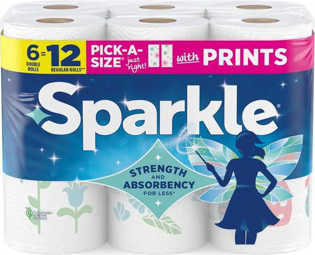 Main image of Sparkle Pick-A-Size Paper Towels, Spirited Print Design, 6 Double Rolls (660 Sheets Total) - Strong 2-Ply Towels for Kitchen Cleanup and Everyday Messes