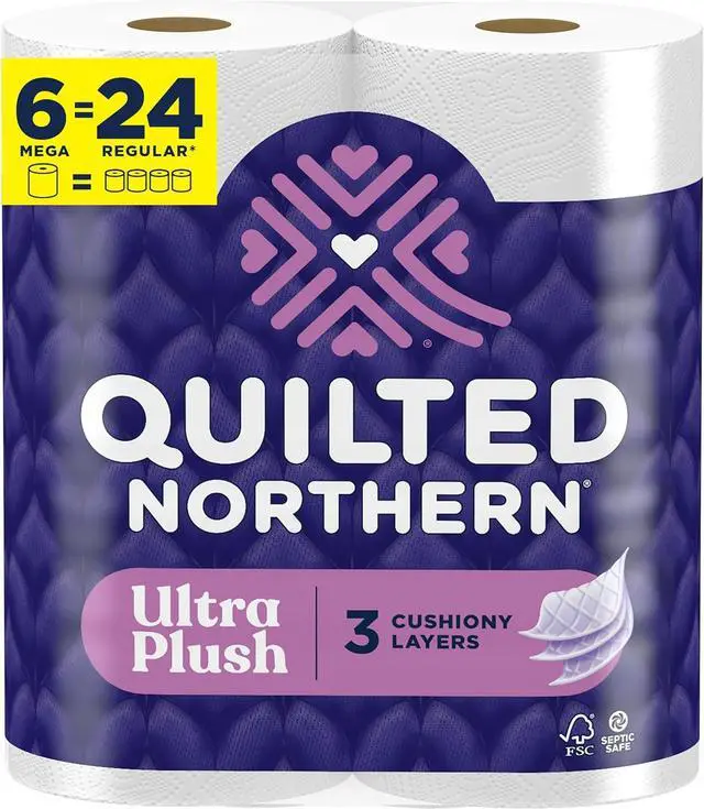 Main image of Quilted Northern Ultra Plush Toilet Paper, 6 Mega Rolls = 24 Regular Rolls, 4X More Absorbent*, 3-Ply Soft Toilet Tissue
