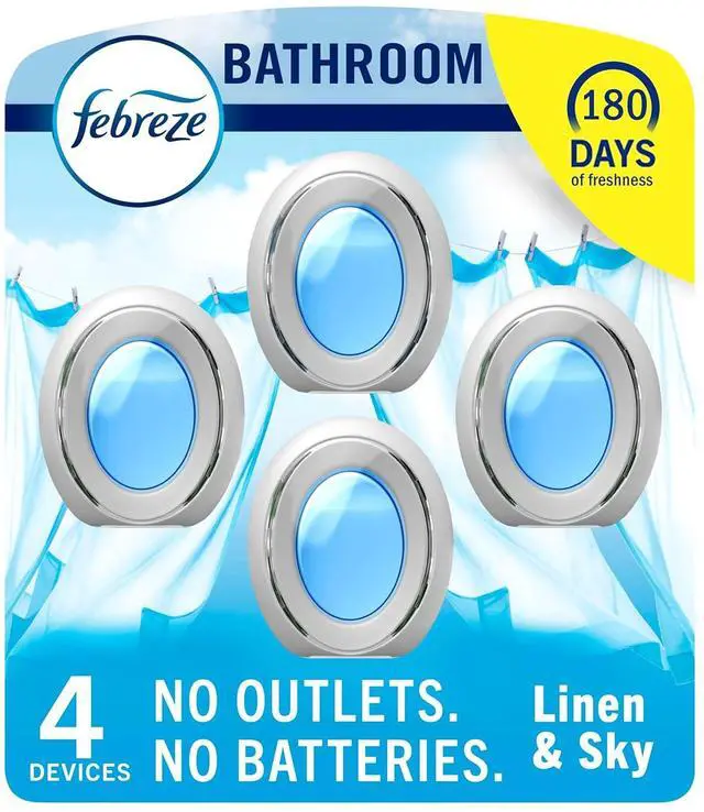Main image of Febreze Bathroom Air Freshener Odor-Fighting for Small Spaces Scented Plug In Alternative Long-Lasting for Home and Bathroom and Kitchen Closet Air Fresheners, Linen & Sky Scent, 4 Count