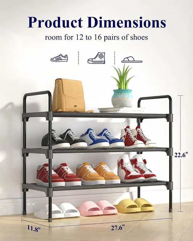 Alt view image 3 of 4 - Kitsure Shoe Rack for Closet, Shoe Storage, 27.6" Wide - 3 Tiers, Black
Shoe Organizer for Closet, Entryway, Living Room, Space-Saving Shoe Shelf, Sturdy Zapateras Organizer