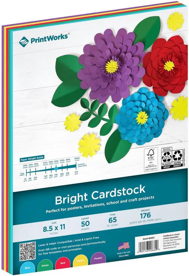Main image of PrintWorks Bright Cardstock 8.5" x 11" - 50 Sheets - 5 Assorted Primary Colors - 65lb/176gsm - (00682)