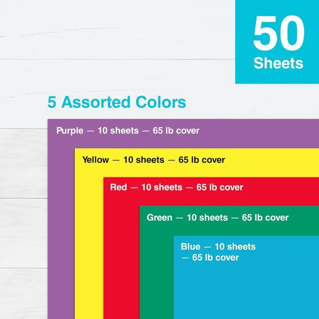 Alt view image 3 of 6 - PrintWorks Bright Cardstock 8.5" x 11" - 50 Sheets - 5 Assorted Primary Colors - 65lb/176gsm - (00682)
