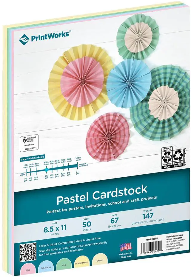 Main image of PrintWorks Pastel Cardstock 8.5" x 11" - 50 Sheets - 5 Assorted Pastel Colors - 67 lb/147 gsm - Made in USA - SFI Certified (00684)