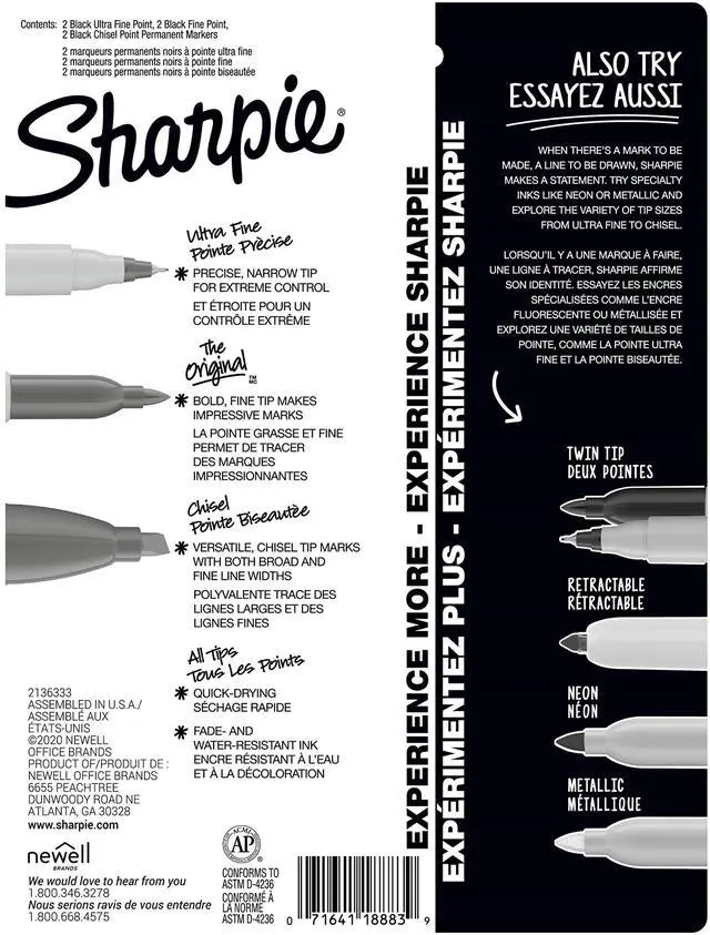 Alt view image 3 of 6 - Sharpie Permanent Markers Variety Pack, Black, Chisel/Fine/Ultra-Fine Tips, 6 Count