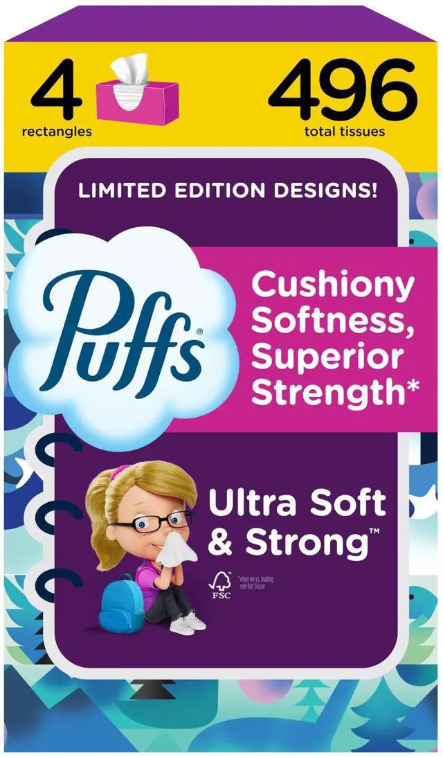 Main image of Puffs Ultra Soft Facial Tissues, 4 Family Boxes (124 Tissues per Box), for Allergies and Colds (Packaging May Vary)