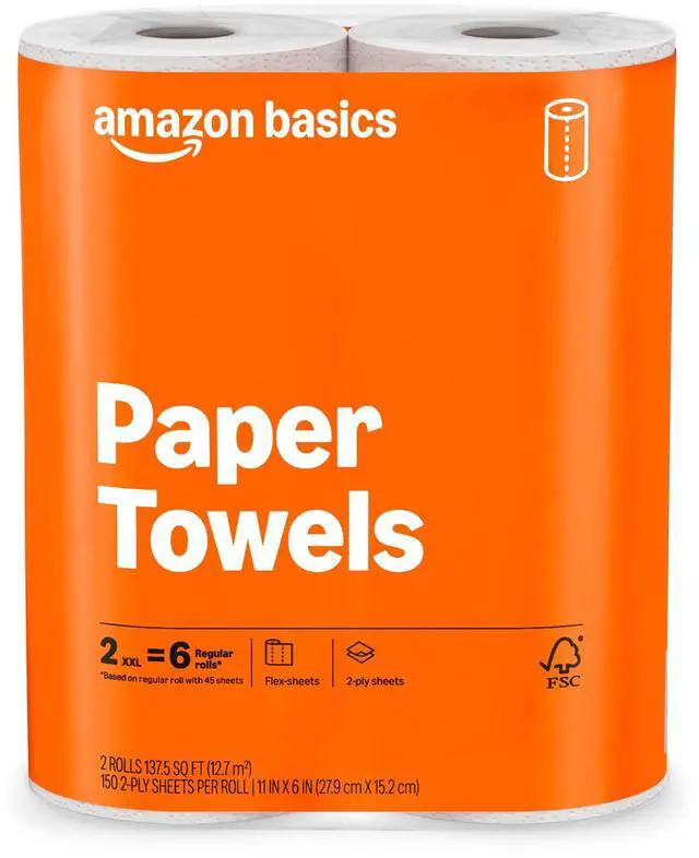 Main image of Amazon Basics 2-Ply Flex-Sheets Paper Towels, 2-Pack (150 Sheets per Roll, 2 Rolls = 6 Regular Rolls)