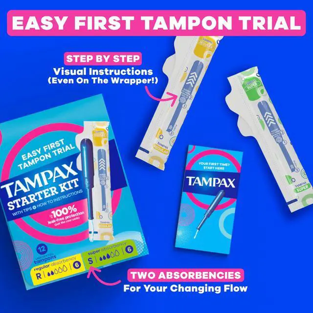 Alt view image 2 of 7 - Tampax Starter Kit Multipack with LeakGuard Braid, Regular/Super Absorbency, Unscented, Easy First Tampon Trial, 12 Count