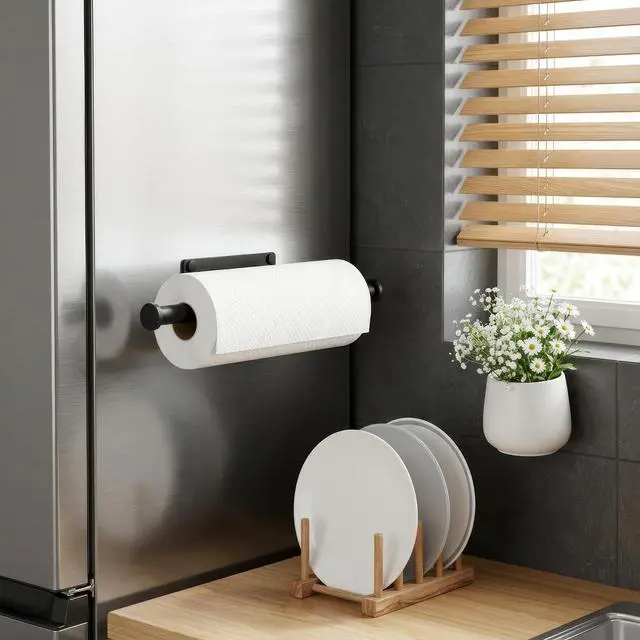 Alt view image 6 of 6 - Paper Towel Holder Wall Mount Self-Adhesive No Drill, SUS304 Stainless Steel for Kitchen Bathroom Sink Pantry Fridge (Black)