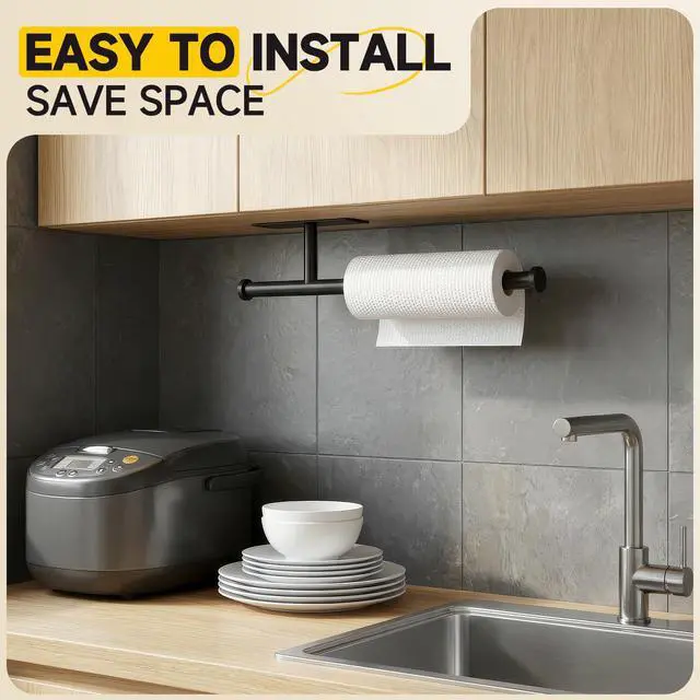 Alt view image 4 of 6 - Paper Towel Holder Wall Mount Self-Adhesive No Drill, SUS304 Stainless Steel for Kitchen Bathroom Sink Pantry Fridge (Black)