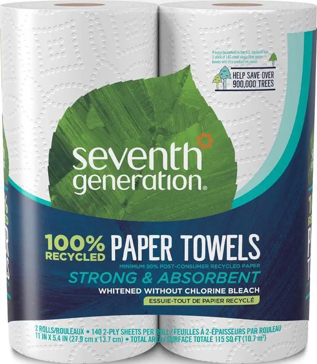 Main image of Seventh Generation 100% Recycled Paper Towels, 2 Regular Rolls, 140 2-Ply Sheets (White), Whitened Without Chlorine Bleach, for Kitchen, Bathroom & Everyday Cleaning