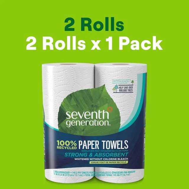 Alt view image 5 of 6 - Seventh Generation 100% Recycled Paper Towels, 2 Regular Rolls, 140 2-Ply Sheets (White), Whitened Without Chlorine Bleach, for Kitchen, Bathroom & Everyday Cleaning