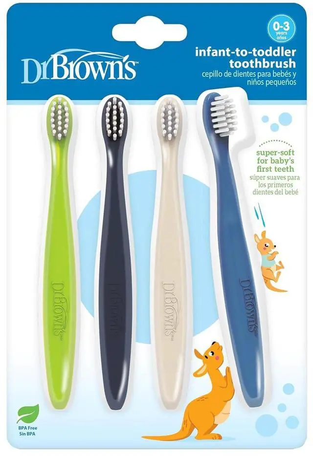 Main image of Dr. Brown's Infant-to-Toddler Toothbrush Set, 4-Pack, Soft & Gentle Manual Toothbrushes for Baby, BPA Free, 0-3 Years, Green/Dark Blue/Ecru/Blue