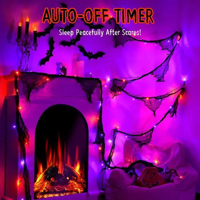 Alt view image 4 of 7 - Cshare Halloween String Lights, Battery Operated or USB, Creepy Cloth, Timer, Waterproof, 9.8ft 30LED, Orange and Purple, for Fireplace Window Door Mirror