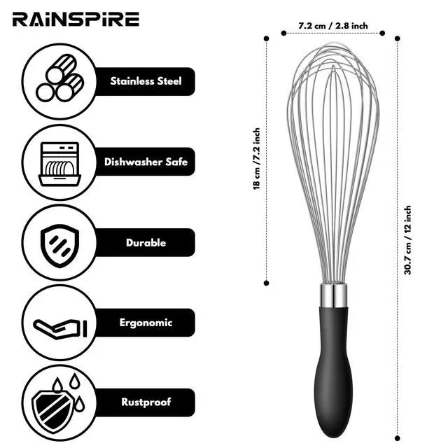 Alt view image 2 of 7 - Stainless Steel Whisk 12in, Black, Reinforced Anti-Break Handle
