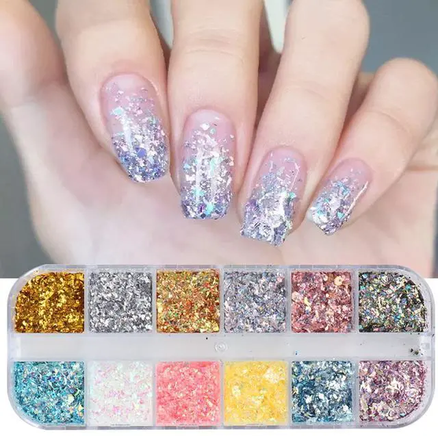 Main image of 12 Colors Glitter Art Sequins, Holographic Irregular Sparkly Flakes, 3D Laser Ultra-Thin Shiny Acrylic Nail Supplies for Women Manicure Charms Decorations Crafts