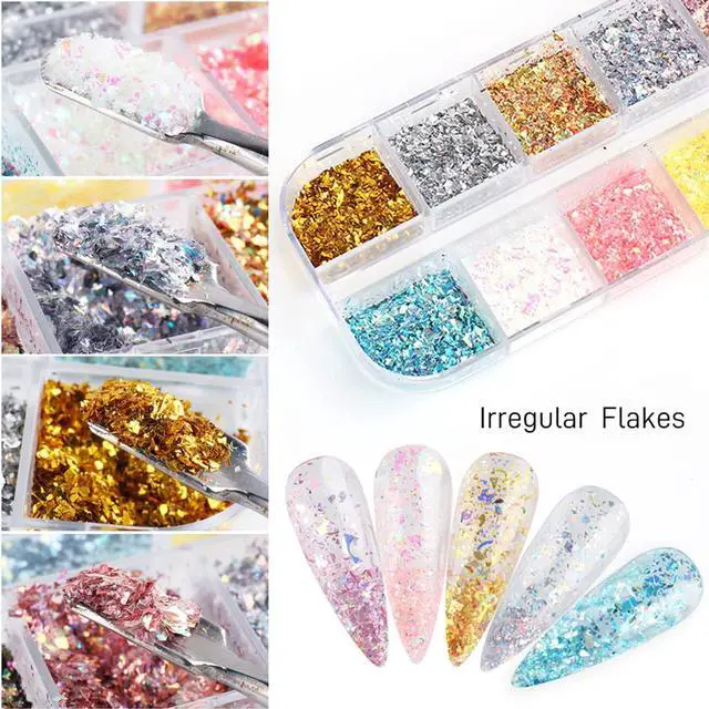 Alt view image 2 of 6 - 12 Colors Glitter Art Sequins, Holographic Irregular Sparkly Flakes, 3D Laser Ultra-Thin Shiny Acrylic Nail Supplies for Women Manicure Charms Decorations Crafts