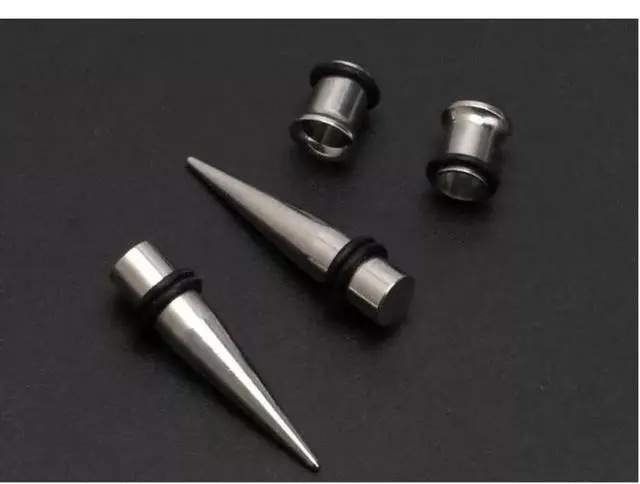Alt view image 6 of 7 - Stainless Steel 1G (7mm) Ear Stretching Kit with 2 Tapers & 2 Single Flare Tunnels, 4 Pieces