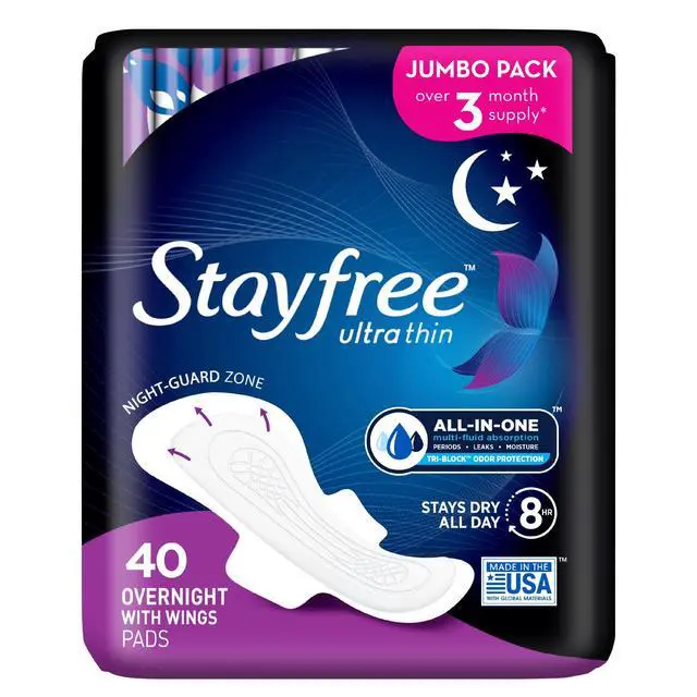 Main image of Stayfree Ultra Thin Overnight Pads with Wings, 40 Ct, Multi-Fluid Absorption, Up to 10 Hours Protection