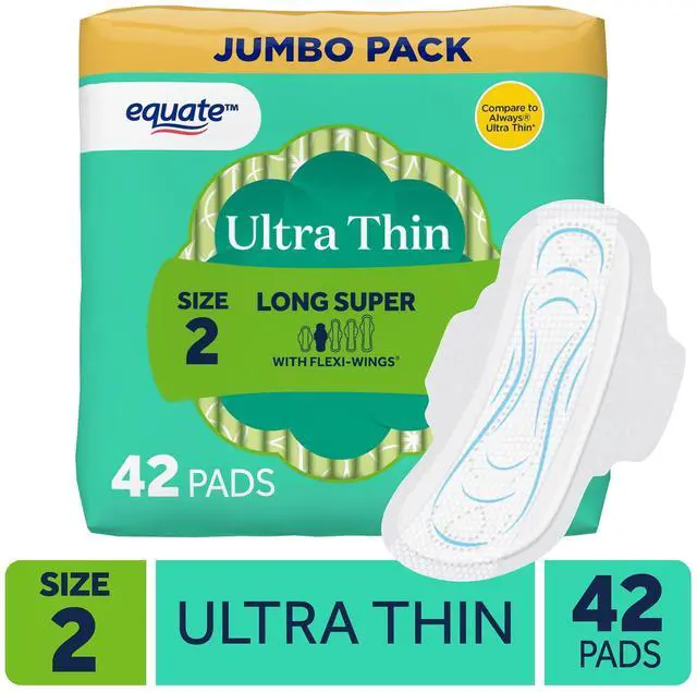 Main image of Equate Ultra Thin Pads with Flexi-Wings, Size 2, Super Long Absorbency, 42 Count