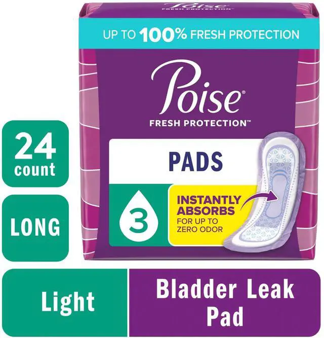 Main image of Poise Incontinence Pads for Women, Long Length, 3 Drop Light Absorbency, 24 Count