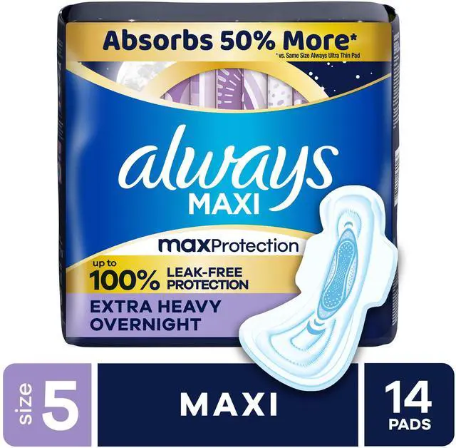 Main image of Always Maxi Pads Size 5 Extra Heavy Overnight with Wings, 14 Count