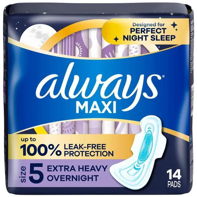 Alt view image 5 of 5 - Always Maxi Pads Size 5 Extra Heavy Overnight with Wings, 14 Count