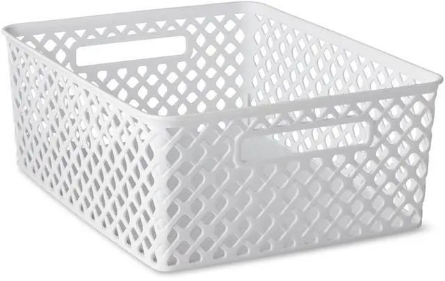 Main image of Mainstays Medium White Decorative Plastic Storage Basket 14 x 11.5 x 5.3 Inches
